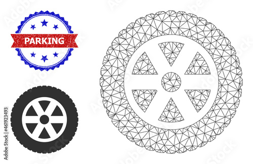 Polygonal tire wheel carcass illustration, and bicolor scratched Parking seal. Polygonal carcass image is designed with tire wheel pictogram.