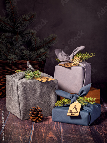 Zero Waste, Eco-friendly, sustainable furoshiki style cloth wrapped Christmas Gifts. photo