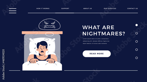 Nightmares in Adults homepage template. Frightened man character has a bad dream, is scared of monster. Sleeping disorder, bad dream, adult nightmares for web site design.Flat vector illustration