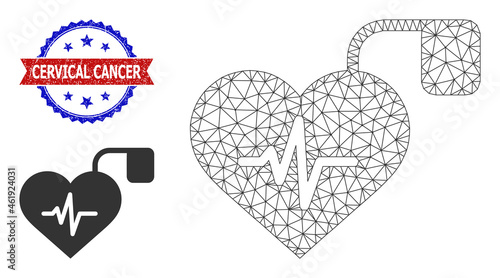 Polygonal pulse pacemaker model illustration, and bicolor grunge Cervical Cancer watermark. Polygonal carcass image based on pulse pacemaker icon.