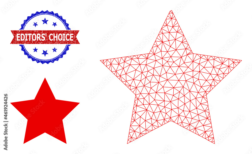 Polygonal red star model icon, and bicolor dirty Editors' Choice seal stamp. Polygonal wireframe illustration is designed with red star pictogram.