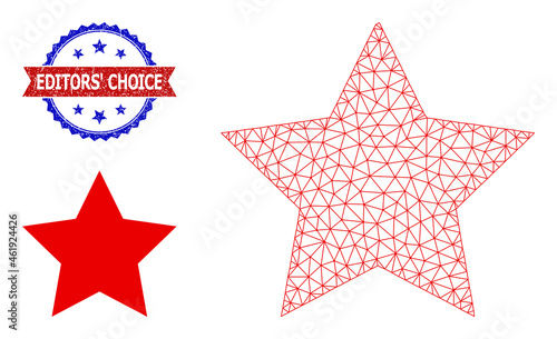 Polygonal red star model icon, and bicolor dirty Editors' Choice seal stamp. Polygonal wireframe illustration is designed with red star pictogram.