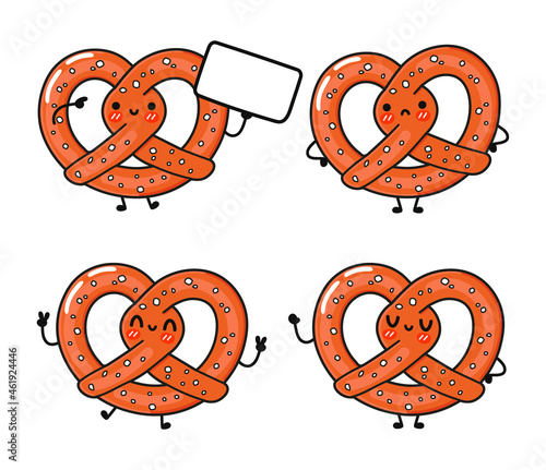 Funny cute happy pretzel characters bundle set. Vector hand drawn doodle style cartoon character illustration icon design. Cute pretzel mascot character collection