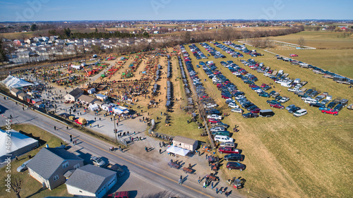 Aerial View of an Amish Mud Sale in Lancaster Pennsylvania on a Beautiful Cloudless Day