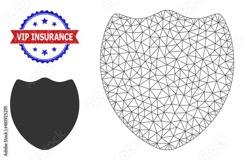 Network shield carcass illustration, and bicolor scratched Vip Insurance watermark. Polygonal carcass illustration based on shield icon.