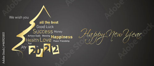Happy New Year 2022 golden negative space numbers abstract christmas tree word cloud text white black background vector greeting card