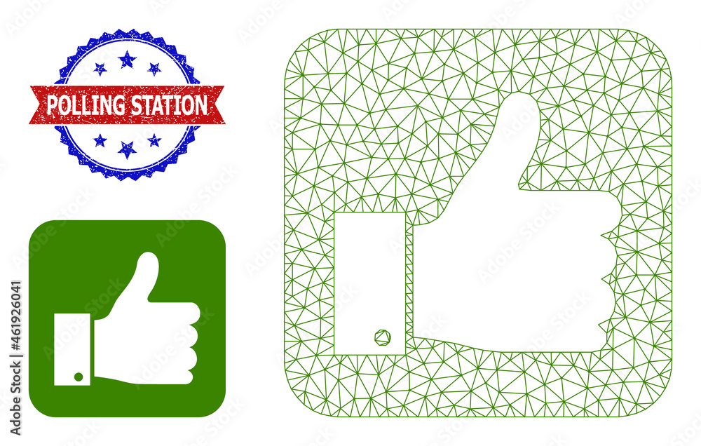 Obraz premium Polygonal thumb positive wireframe icon, and bicolor dirty Polling Station watermark. Polygonal wireframe illustration designed with thumb positive icon.