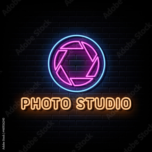 Photo studio neon logo sign text vector