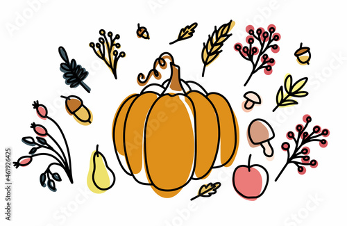 Cozy home autumn still life with pumpkin, leaves and branches of berries in the style of lines and colored spots. Decorative elements for the design of postcards, invitations and more. Vector