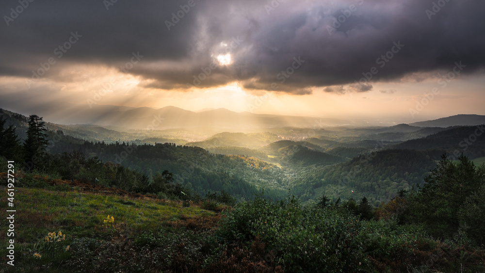 The sun shines through the cloud cover into the Murgtal in the northern Black Forest The sun shines through the cloud cover into the Murgtal in the northern Black Forest