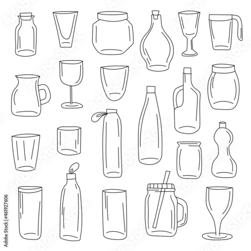 Bottles doodle icon set. Glass Pot Vector illustration collection. Jars Hand drawn Line art style.