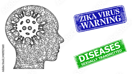 Mesh brain virus model, and Zika Virus Warning blue and green rectangle unclean stamp seals. Polygonal carcass illustration is based on brain virus pictogram.
