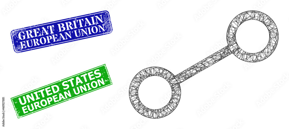 Triangular link model, and Great Britain European Union blue and green rectangular rubber seal imitations. Mesh wireframe symbol created from link icon.