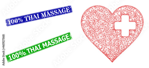 Triangular heart medicine image, and 100% Thai Massage blue and green rectangular rubber seals. Polygonal wireframe image is created from heart medicine icon.
