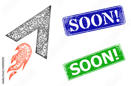 Mesh flying rocket image, and Soon! blue and green rectangle grunge seal imitations. Mesh carcass illustration based on flying rocket icon. Stamps have Soon! title inside rectangle frame.
