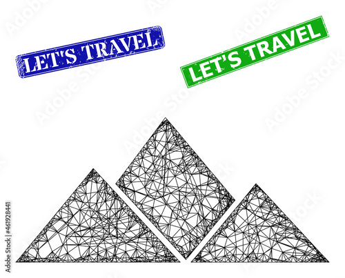 Mesh mountains image, and Let'S Travel blue and green rectangle unclean seals. Mesh carcass image is created from mountains icon. Seals include Let'S Travel text inside rectangular form.