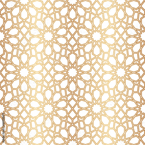 Morocco seamless pattern. Gold ottoman motif. Golden islamic background. Repeated arabic star patern. Repeating traditional girih printing. East texture for design prints. Turkish printed. Vector 