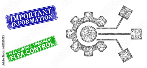Net smart component model, and Important Information blue and green rectangular corroded stamp seals. Mesh wireframe illustration based on smart component icon.