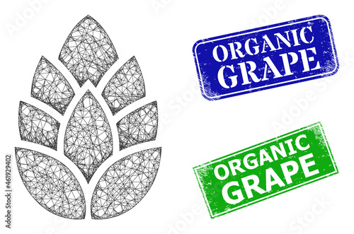 Polygonal hop cone model, and Organic Grape blue and green rectangle dirty stamp seals. Polygonal carcass illustration is based on hop cone icon.
