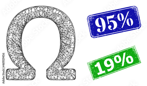 Polygonal Omega Greek symbol model, and 95% blue and green rectangle corroded stamp seals. Polygonal wireframe symbol is created from Omega Greek symbol pictogram.