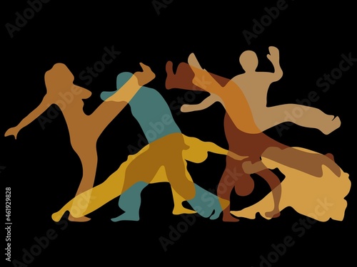 Group of people training capoeira movements with black background and isolated silhouettes. Vector illustration for web, event, flyer, template design.