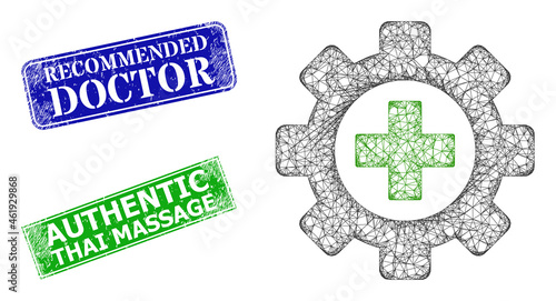 Triangular medical industry model, and Recommended Doctor blue and green rectangular scratched seals. Mesh carcass illustration created from medical industry pictogram.