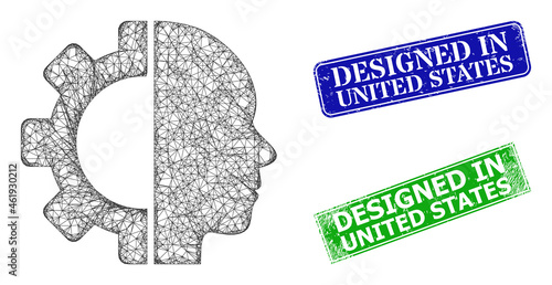 Mesh cyborg head model, and Designed In United States blue and green rectangle corroded badges. Mesh carcass symbol designed with cyborg head pictogram.