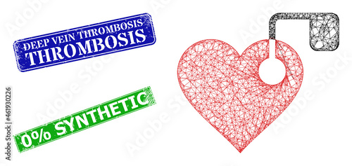 Polygonal heart pacemaker model, and Deep Vein Thrombosis blue and green rectangle textured seals. Polygonal carcass image is created from heart pacemaker icon.