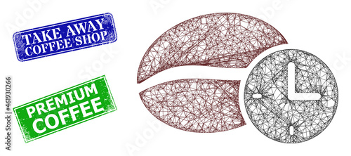 Polygonal coffee time model, and Take Away Coffee Shop blue and green rectangular scratched badges. Polygonal carcass illustration is designed with coffee time pictogram.