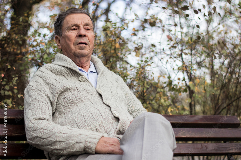 Fototapeta premium Portrait of a pensive senior man sitting on the bench, in the public park, outdoors. Old man relaxing outdoors and looking away. Portrait of elderly man enjoying retirement