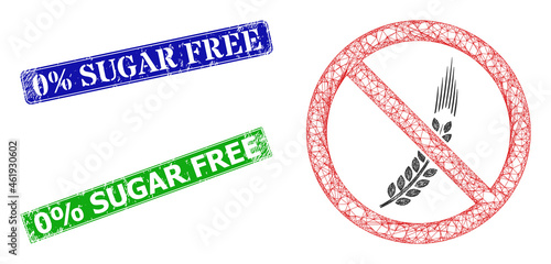 Polygonal forbidden gluten model, and 0% Sugar Free blue and green rectangle dirty seals. Polygonal wireframe symbol is designed with forbidden gluten pictogram.
