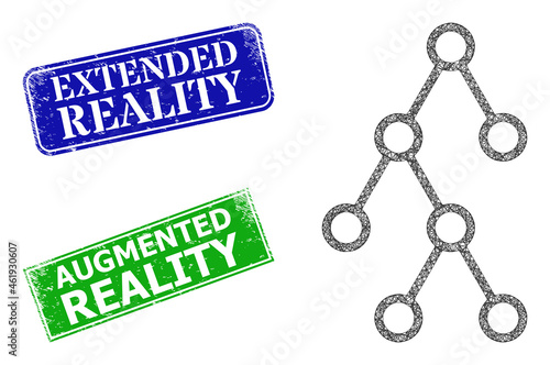 Triangular binary hierarchy image, and Extended Reality blue and green rectangular rubber stamps. Mesh wireframe image designed with binary hierarchy icon.