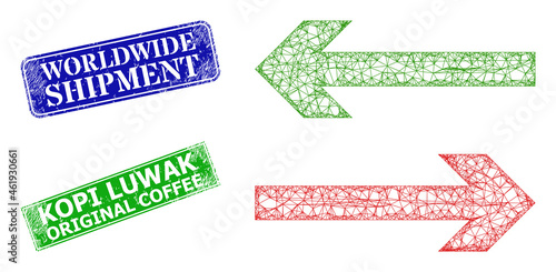 Polygonal exchange arrows image, and Worldwide Shipment blue and green rectangle textured stamps. Mesh carcass illustration created from exchange arrows pictogram.
