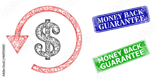 Mesh dollar refund image, and Money Back Guarantee blue and green rectangular grunge seals. Mesh carcass image is based on dollar refund pictogram.
