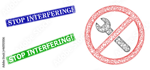 Triangular forbidden repair image, and Stop Interfering! blue and green rectangle scratched stamp seals. Polygonal carcass illustration is based on forbidden repair pictogram.