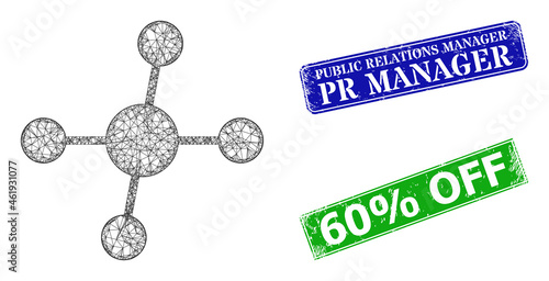 Polygonal connections model, and Public Relations Manager Pr Manager blue and green rectangle dirty stamps. Polygonal carcass illustration is designed with connections icon.
