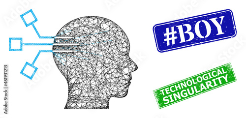 Polygonal brain link model, and #Boy blue and green rectangle unclean stamp seals. Polygonal carcass symbol is created from brain link icon. Stamp seals contain #Boy title inside rectangle form.