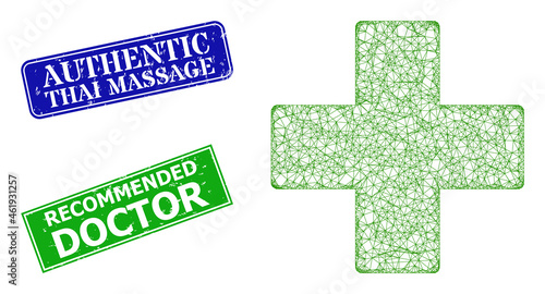 Mesh pharmacy cross image, and Authentic Thai Massage blue and green rectangular textured stamp seals. Mesh carcass illustration based on pharmacy cross pictogram.