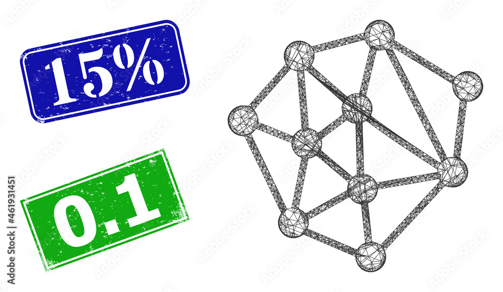 Polygonal mesh structure model, and 15% blue and green rectangular textured stamp seals. Polygonal carcass illustration created from mesh structure icon. Polygonal mesh structure model, and 15% blue and green rectangular textured stamp seals. Polygonal carcass illustration created from mesh structure icon.