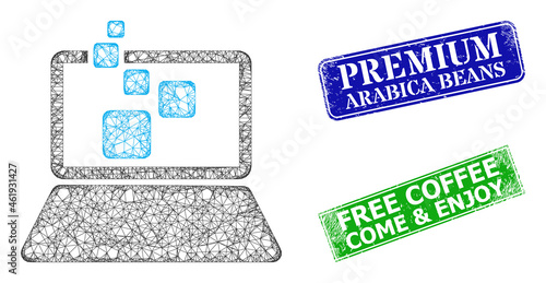 Mesh digital computing model, and Premium Arabica Beans blue and green rectangular rubber seals. Mesh carcass illustration created from digital computing icon.