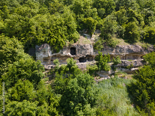 Aerial view of Albotin Rock Monastery, Bulgaria