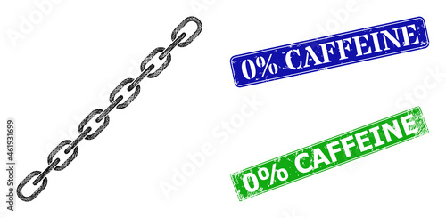 Mesh chain model, and 0% Caffeine blue and green rectangular textured stamps. Mesh wireframe image designed with chain icon. Stamps include 0% Caffeine title inside rectangular form.