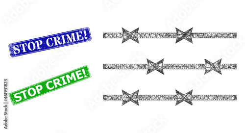 Polygonal barbed wire fence model, and Stop Crime! blue and green rectangular unclean stamp seals. Polygonal wireframe illustration is designed with barbed wire fence pictogram.
