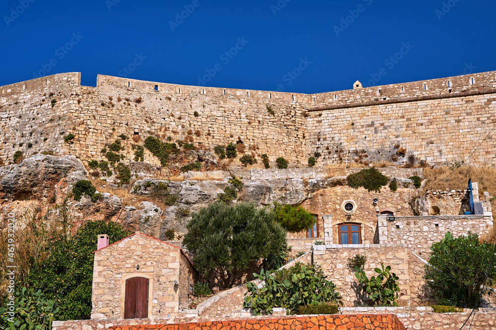 Orthodox chapel and stone fortifications of a Venetian fortress in the city of Rethymno on the island of Crete