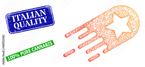 Polygonal star bolide image, and Italian Quality blue and green rectangular dirty stamps. Polygonal carcass illustration is designed with star bolide pictogram.