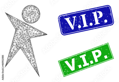 Polygonal star man image, and V.I.P. blue and green rectangular rubber seals. Polygonal carcass image is based on star man icon. Seals include V.I.P. title inside rectangle frame.