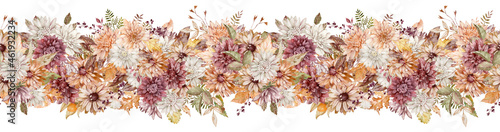 Watercolor fall flowers border. Autumn floral header. Beautiful seamless border. Crimson, white and orange asters pattern. © annakonchits