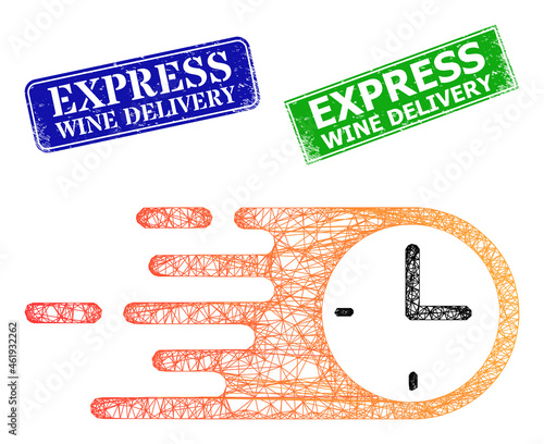 Mesh quick time image, and Express Wine Delivery blue and green rectangular corroded stamp seals. Mesh carcass illustration is based on quick time pictogram.