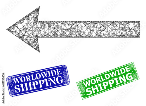 Mesh send left model, and Worldwide Shipping blue and green rectangle grunge stamps. Polygonal carcass illustration is designed with send left pictogram.