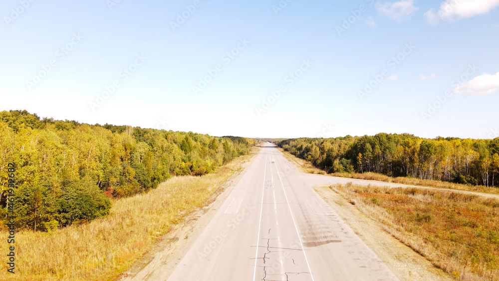 Aerial, Landing strip for Aircraft, Forest, Highway,  Autumn